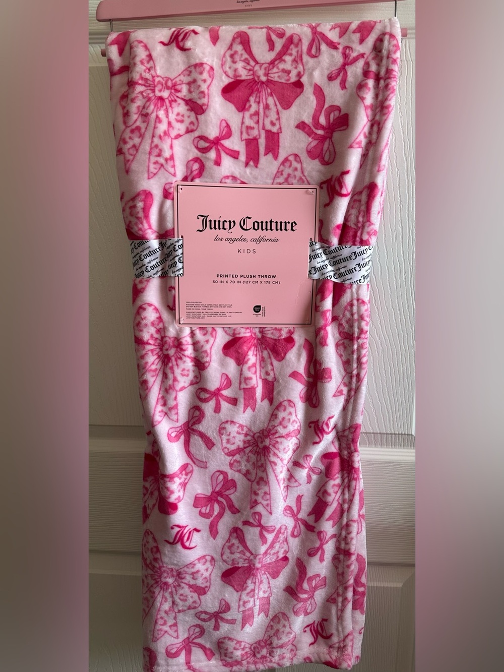 Juicy Couture Pink Bow Print Plush Throw 50X70” new